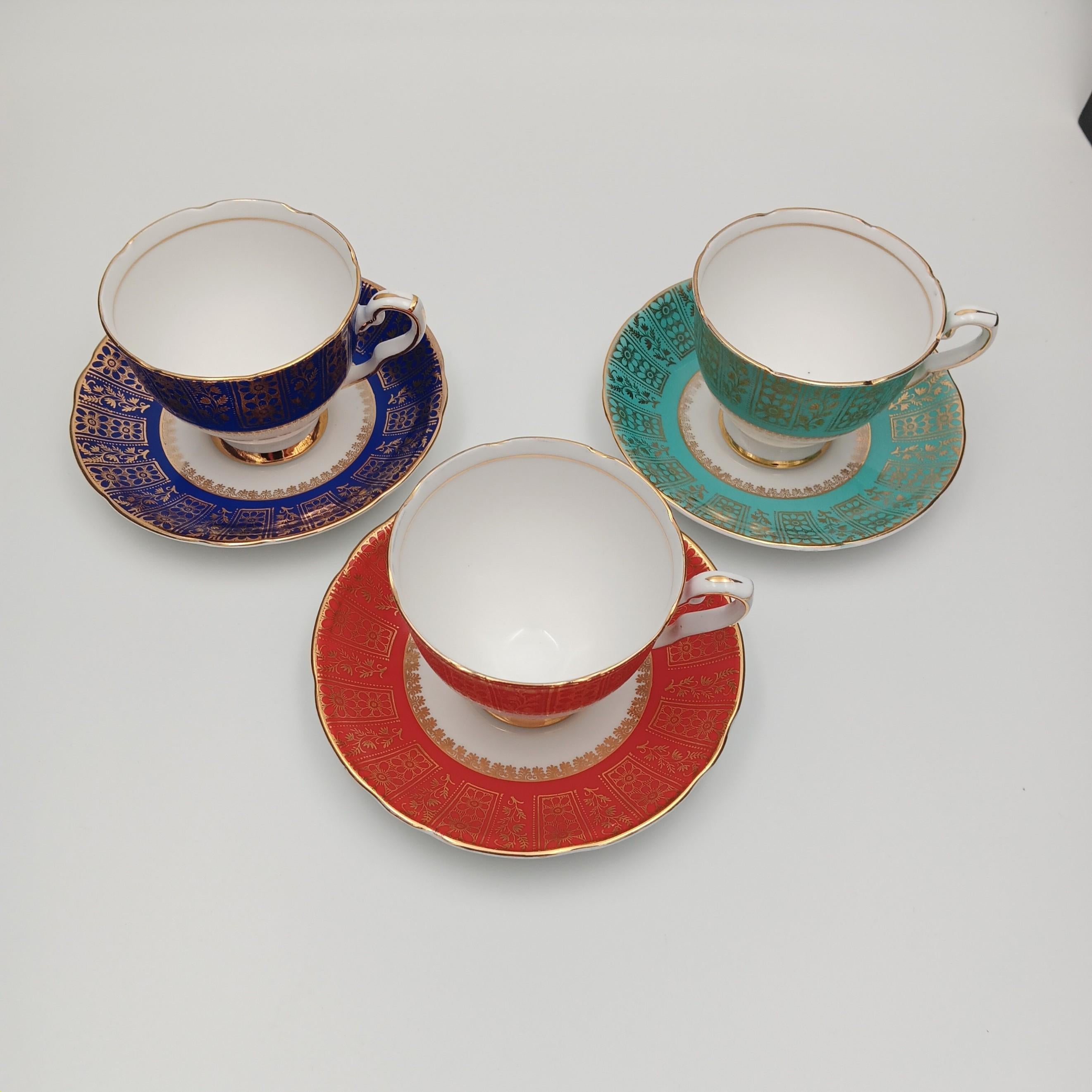 Royal Strafford Set of 3 Teacups in Burgundy, Blue and Green