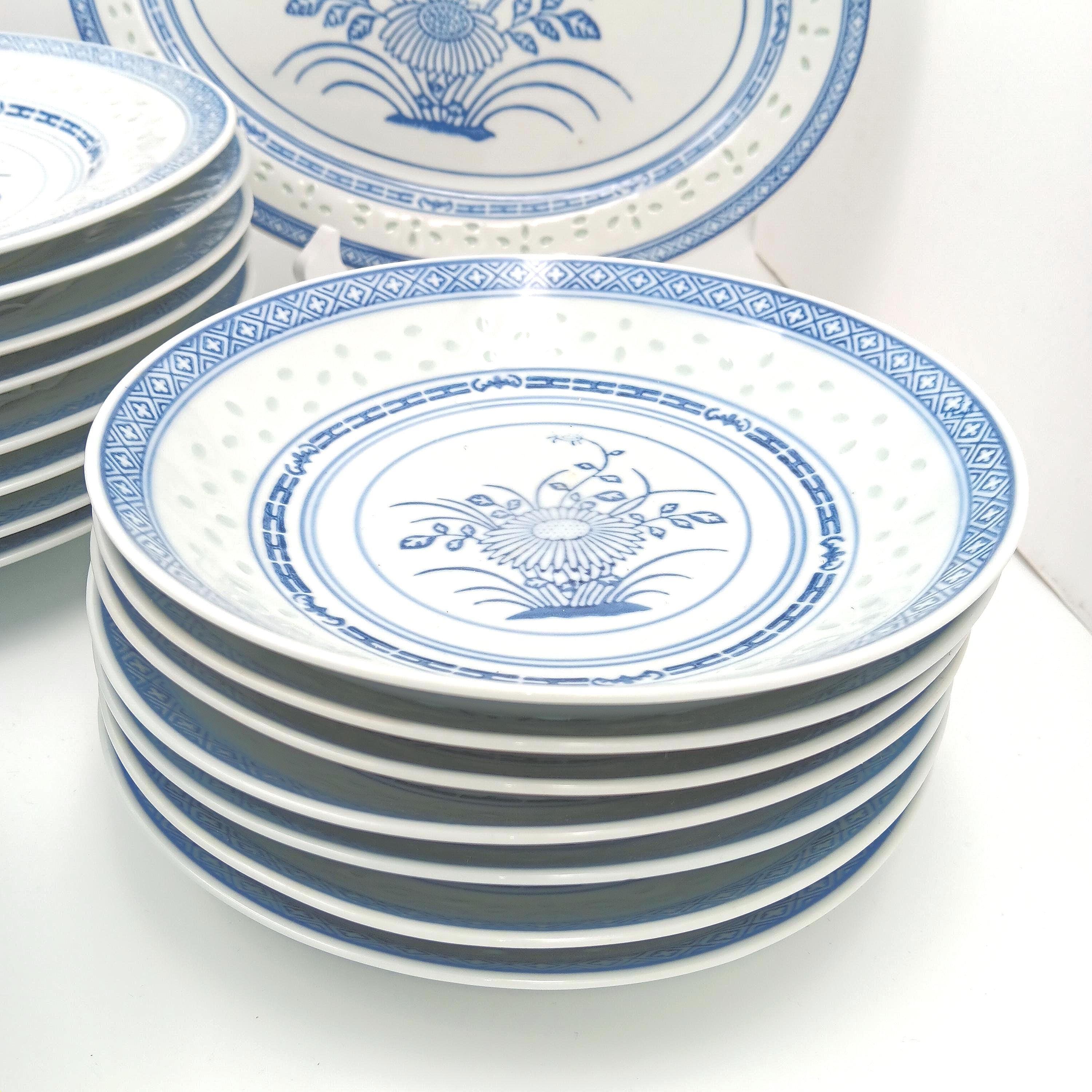 Vintage Tienshan Chinese Blue & White Rice Grain Chrysanthemum Flower Dinnerware Set, Choice Condition