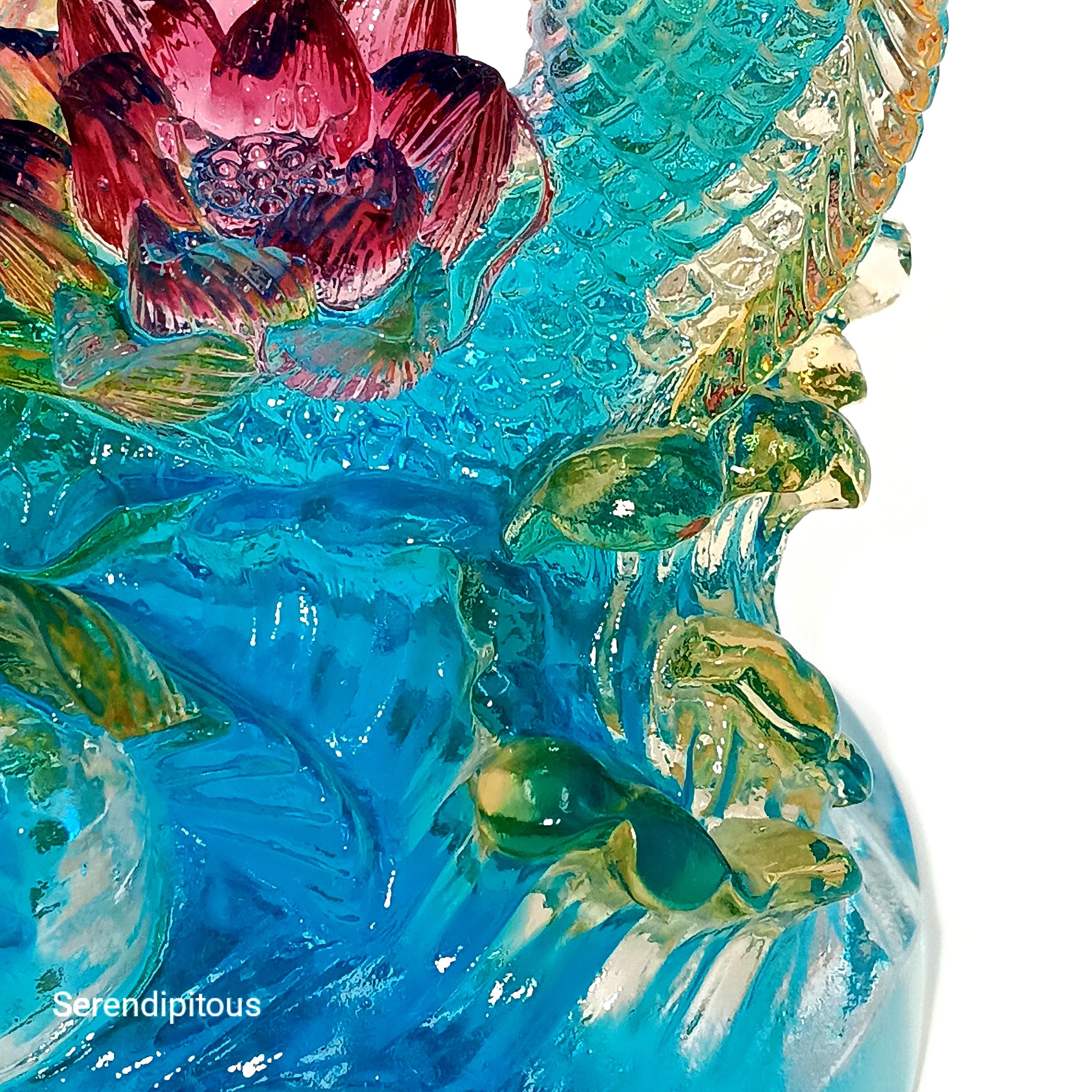 LIULI Crystal Art, Feng Shui, Koi Fish with Lotus Flower
