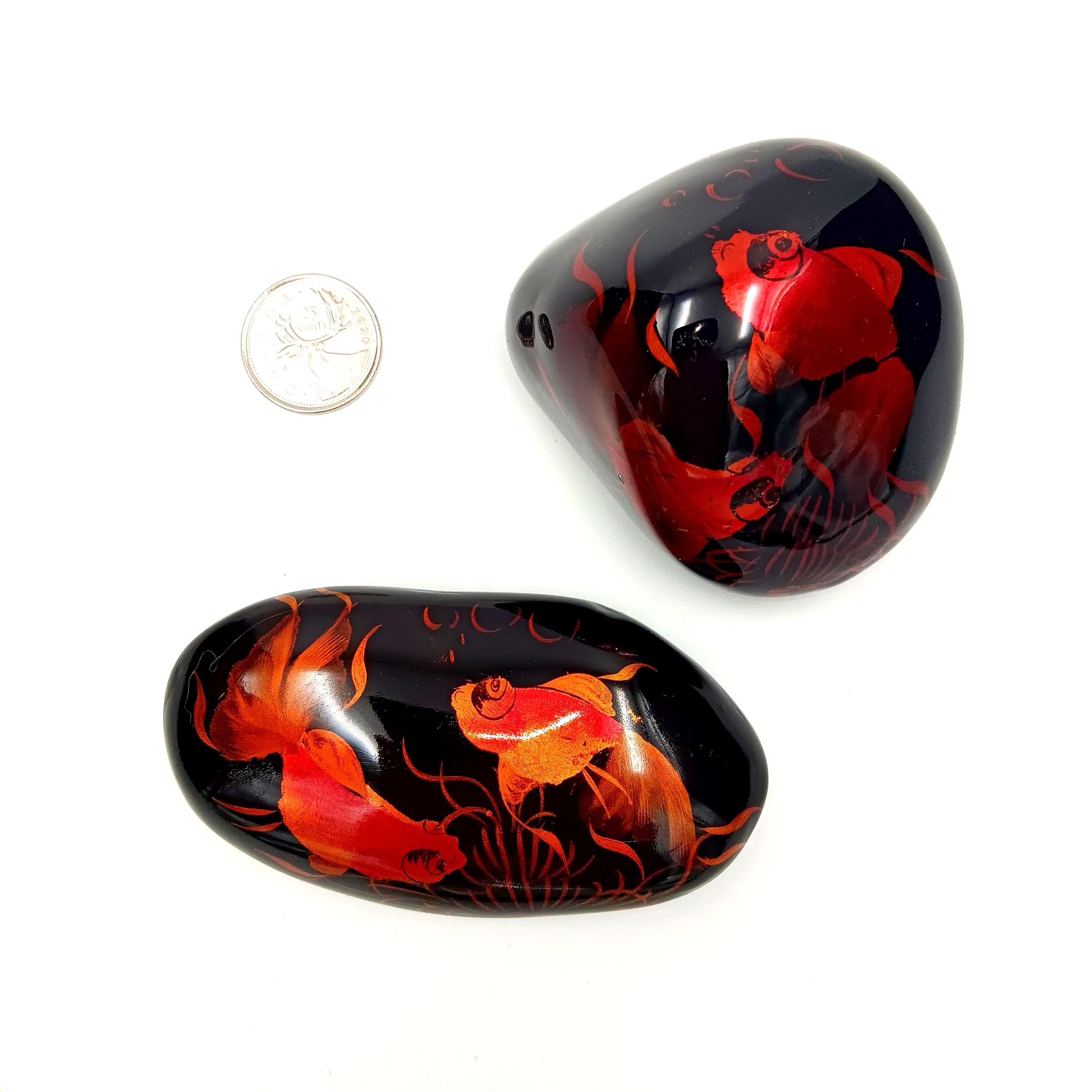 Set of Two Lacquered, Hand Painted Orange Koi Fish Stone Paperweights from Vietnam