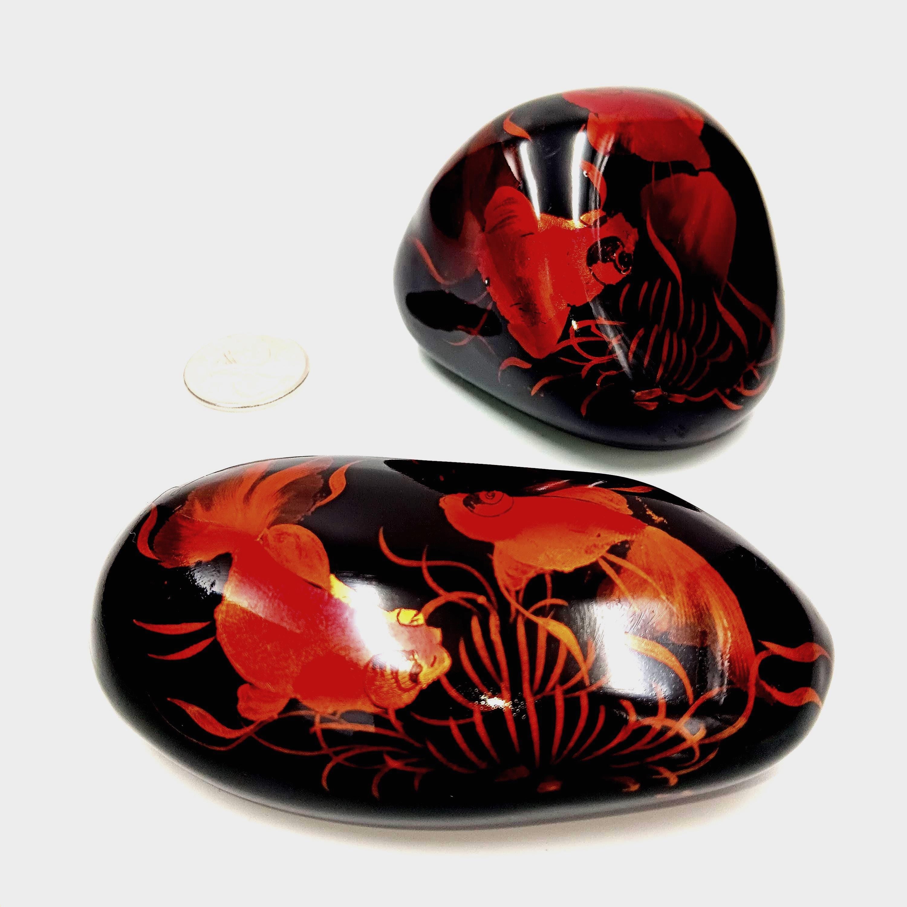 Set of Two Lacquered, Hand Painted Orange Koi Fish Stone Paperweights from Vietnam