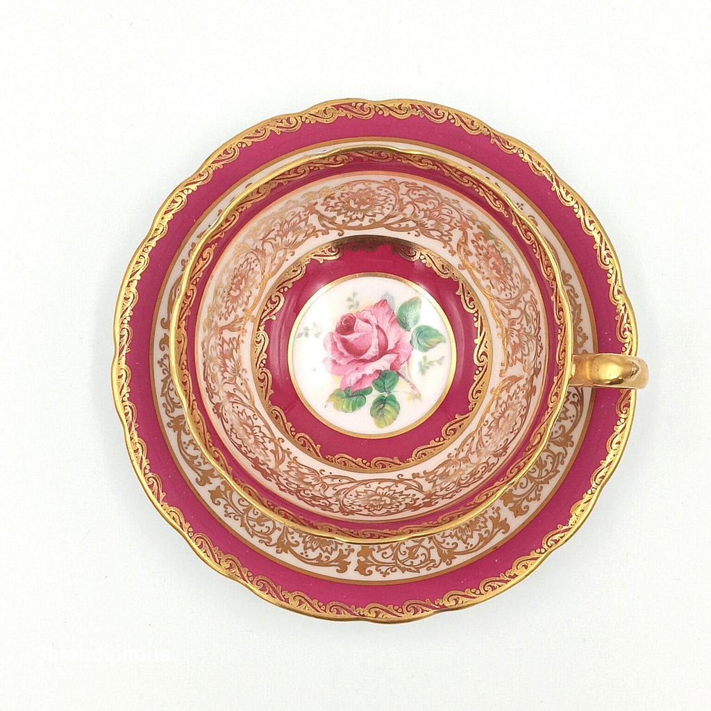 Paragon's  'Rose Bud Maroon' Double Warranted Teacup & Saucer with Gold Filigree