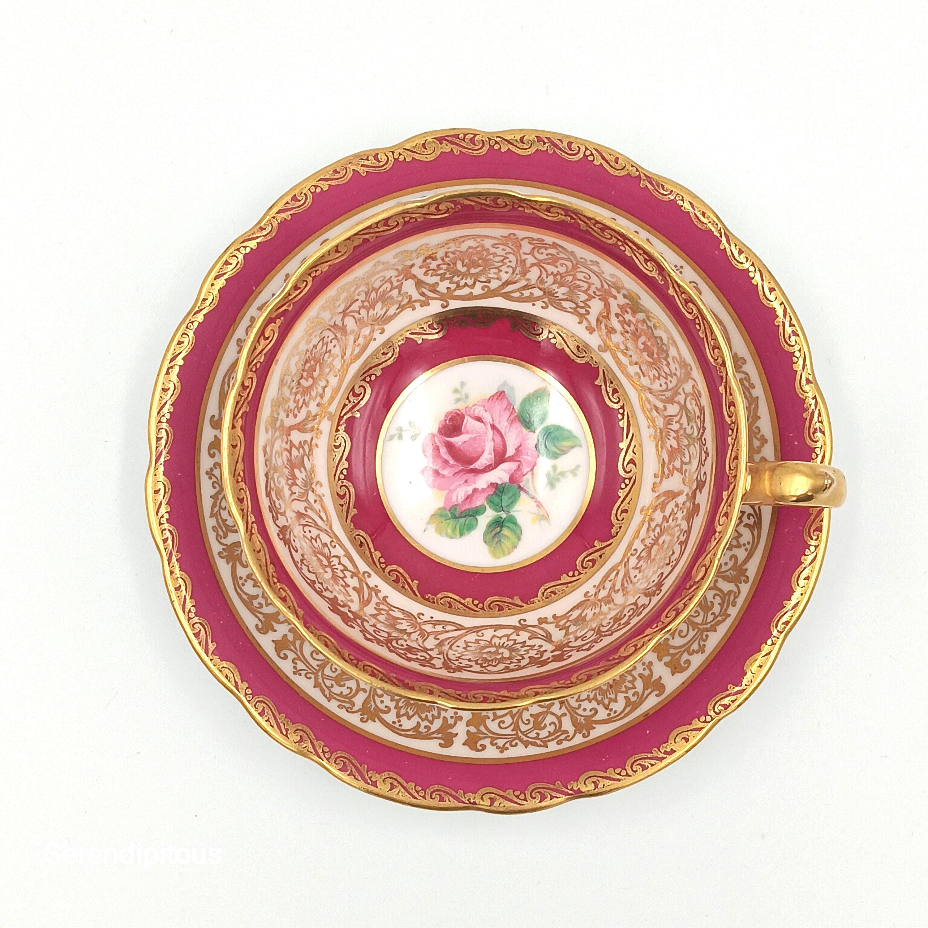 Paragon's  'Rose Bud Maroon' Double Warranted Teacup & Saucer with Gold Filigree