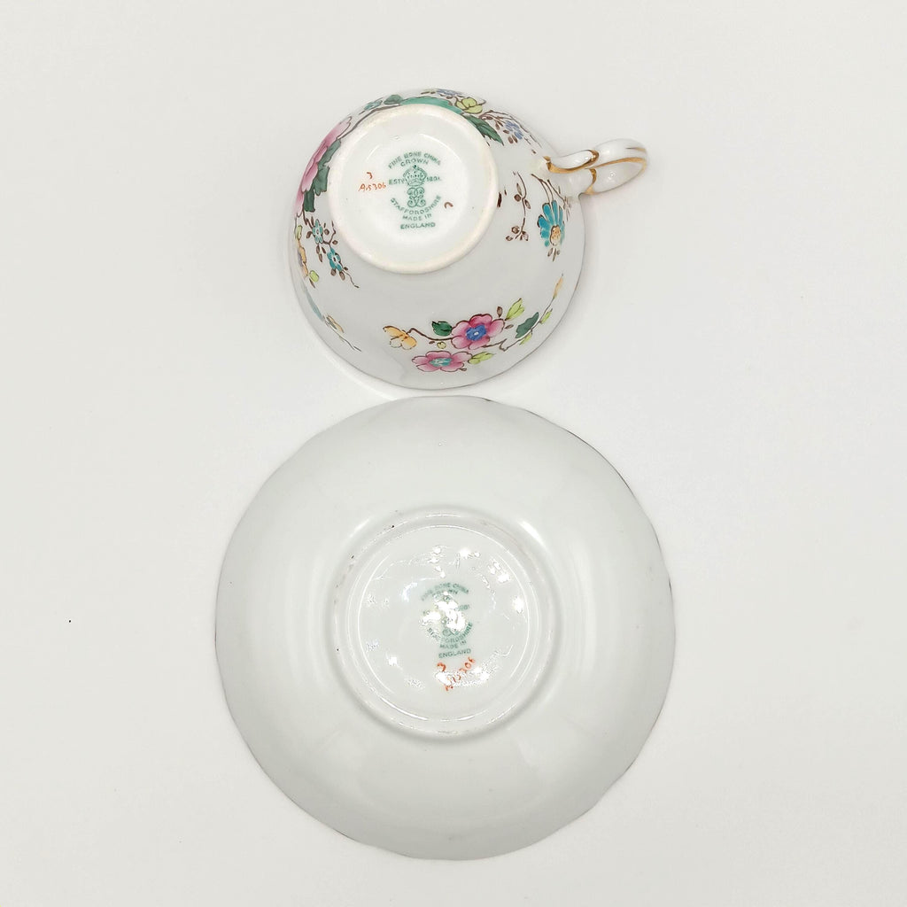 1930s Crown Staffordshire Hand-Painted Teacup & Saucer