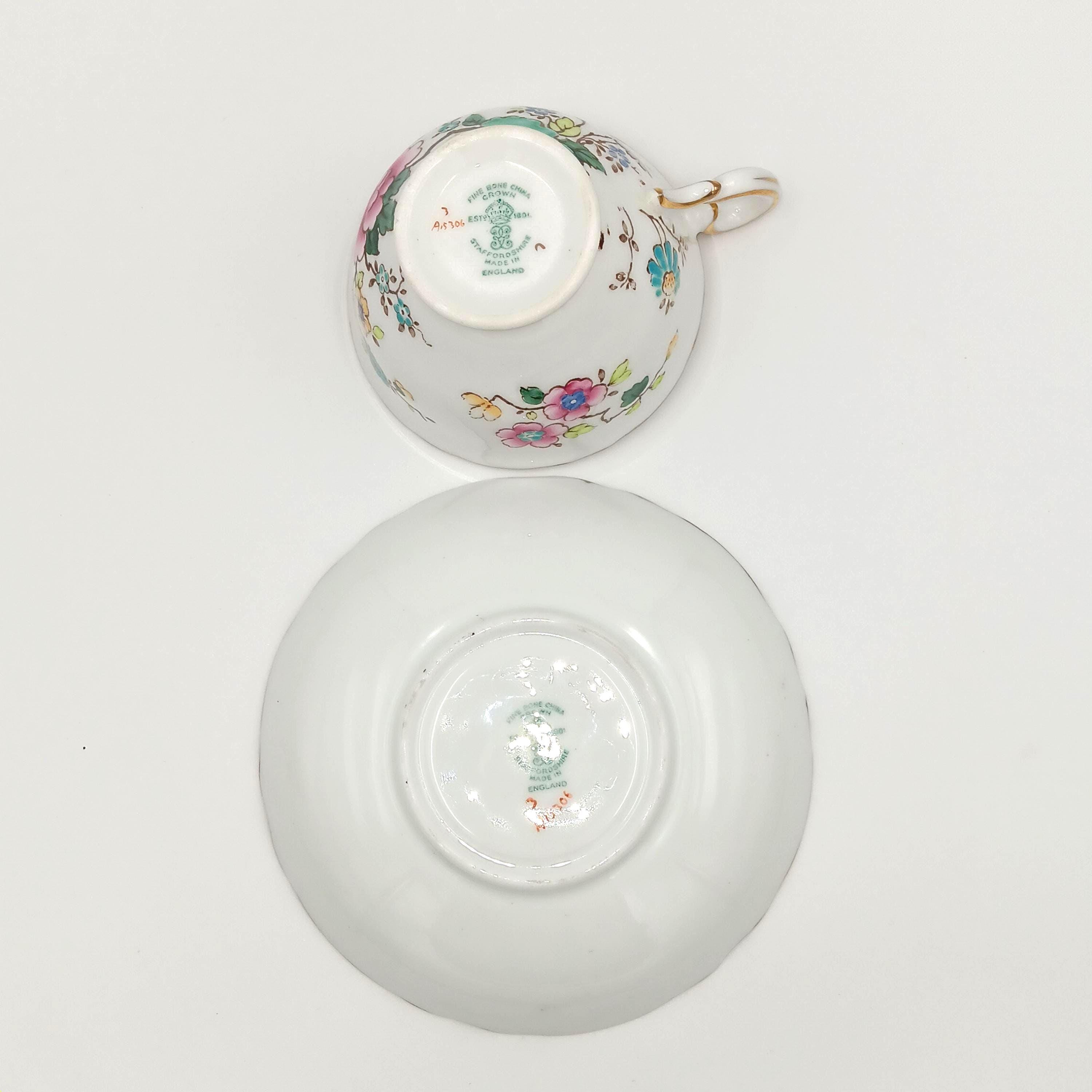 1930s Crown Staffordshire Hand-Painted Teacup & Saucer