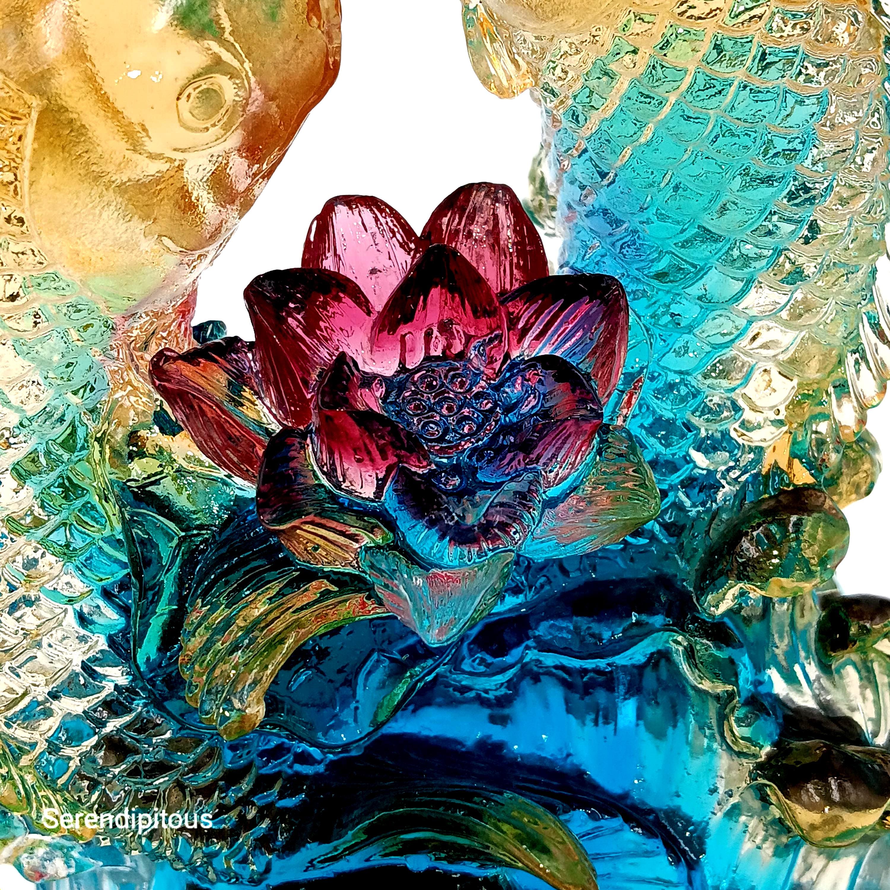 LIULI Crystal Art, Feng Shui, Koi Fish with Lotus Flower