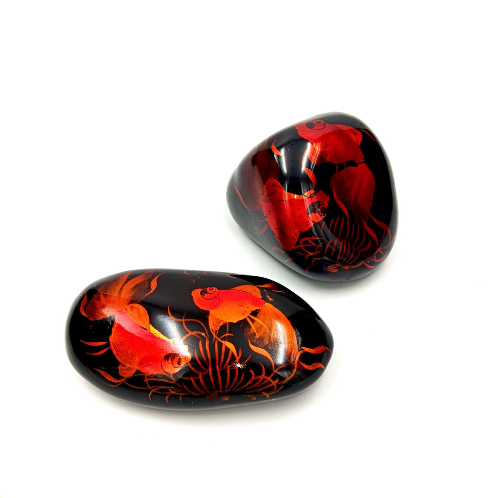 Set of Two Lacquered, Hand Painted Orange Koi Fish Stone Paperweights from Vietnam