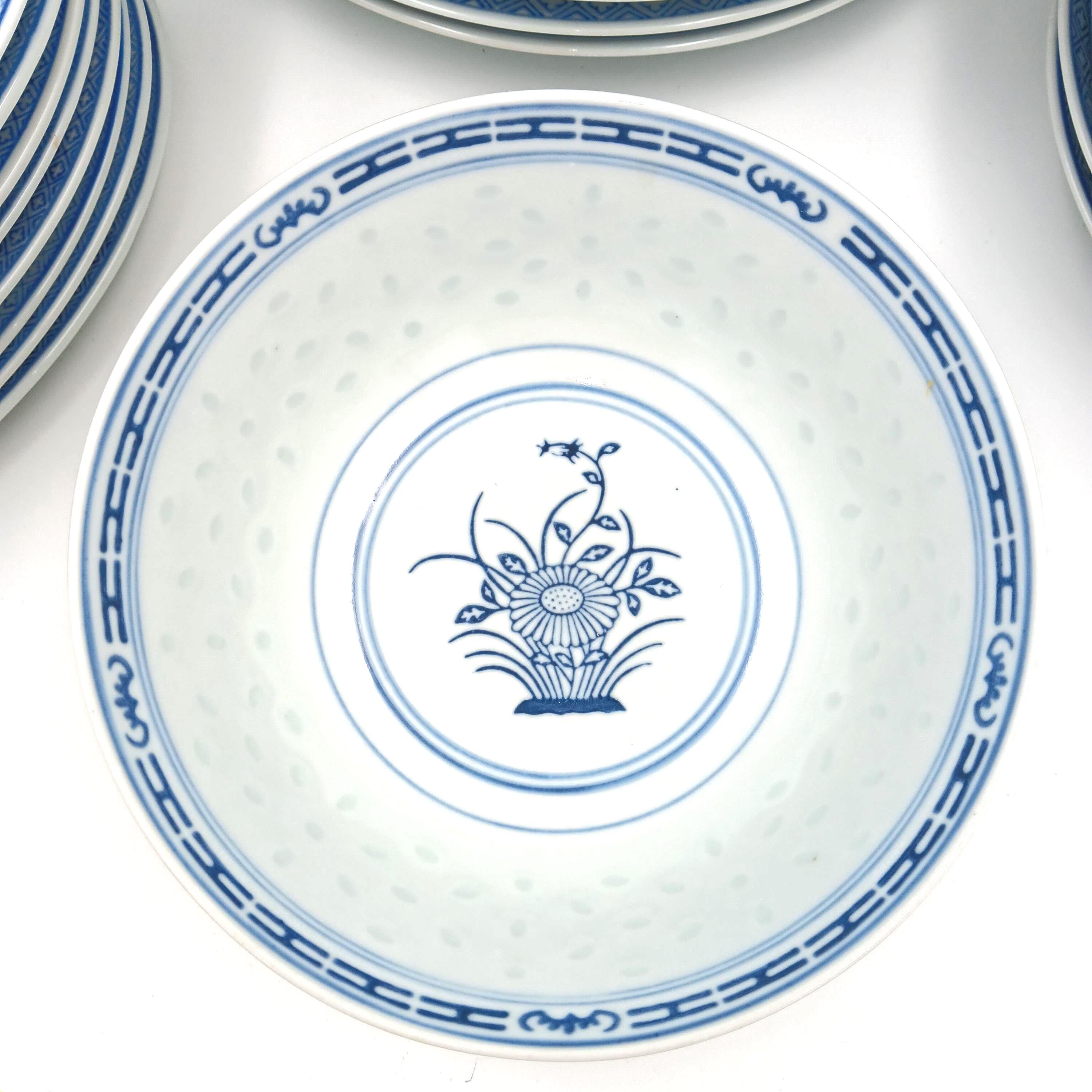 Vintage Tienshan Chinese Blue & White Rice Grain Chrysanthemum Flower Dinnerware Set, Choice Condition